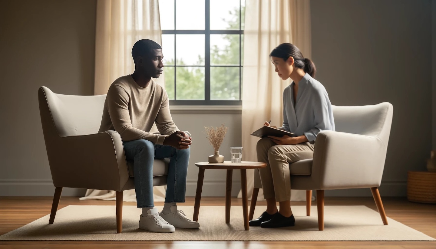Image of a man and woman sitting in chairs, having a discussion during individual therapy.